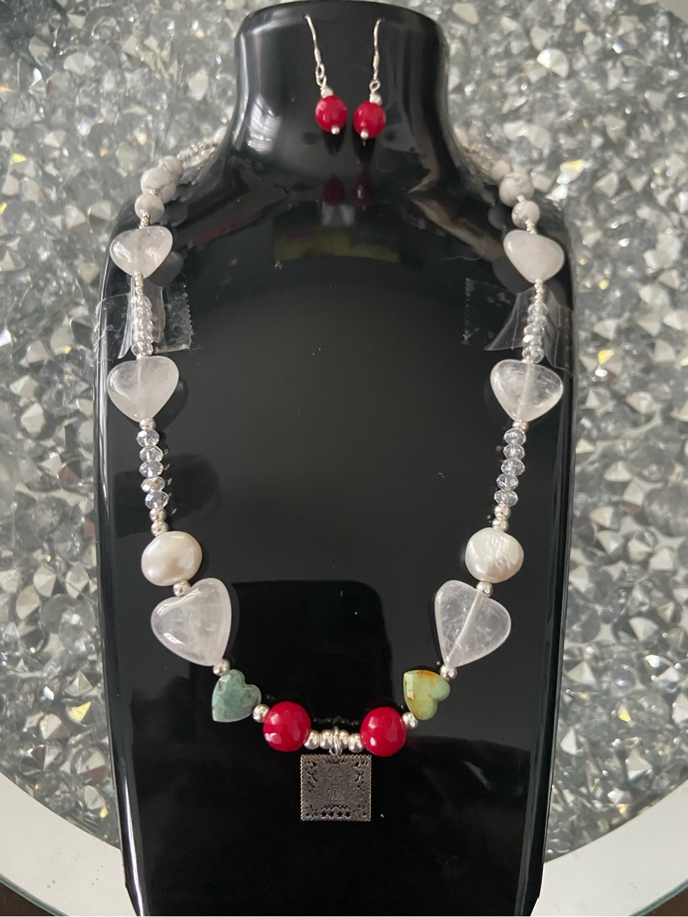 Set Necklace & earring Quartz,Cultured pearl,coral,howlite & silver 925 pendant